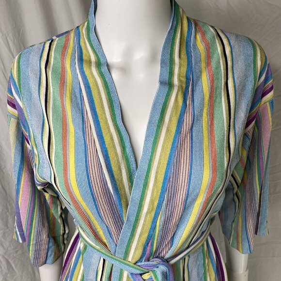 Triacetate Nylon Terry fuzzy textured short Robe striped Cover Up Womens Small - Picture 8 of 16